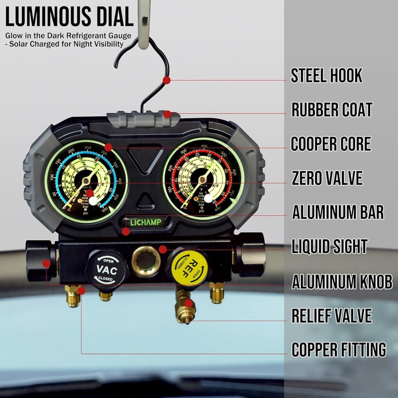 Lichamp HVAC Gauges with 5 FT Hoses, AC Manifold Gauge Set R134A R1234 R410A and R32 Refrigerant Gauges - Image 2